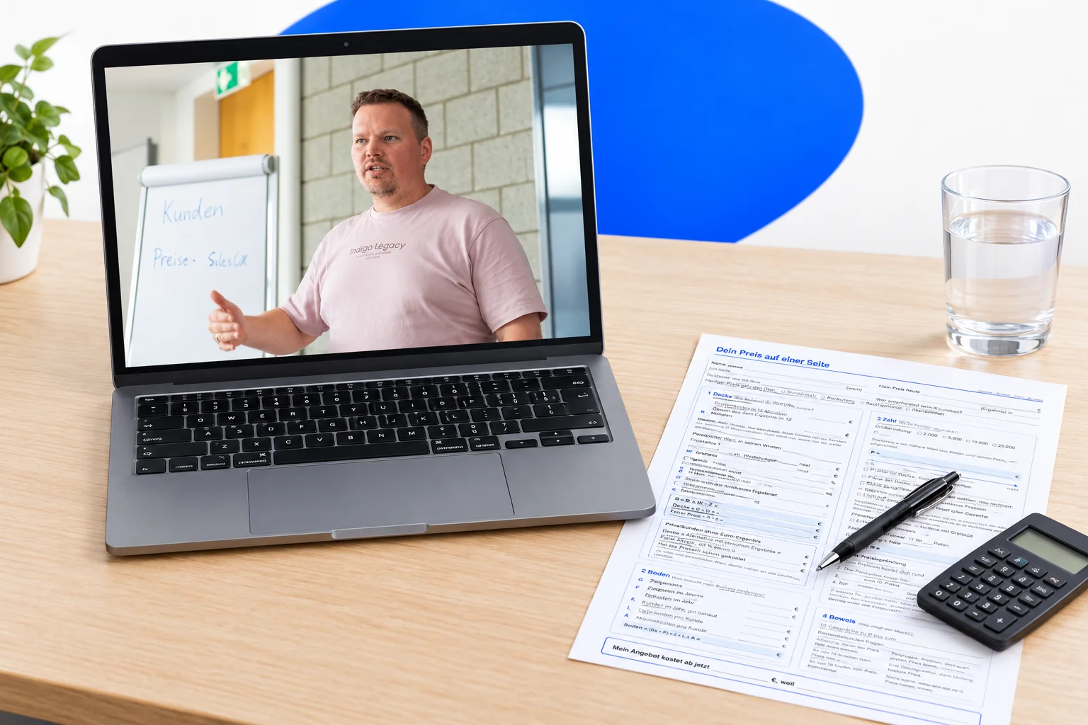 Laptop mit Sebastian im Zoom-Call, daneben das Pricing-Sheet, Stift und Taschenrechner.